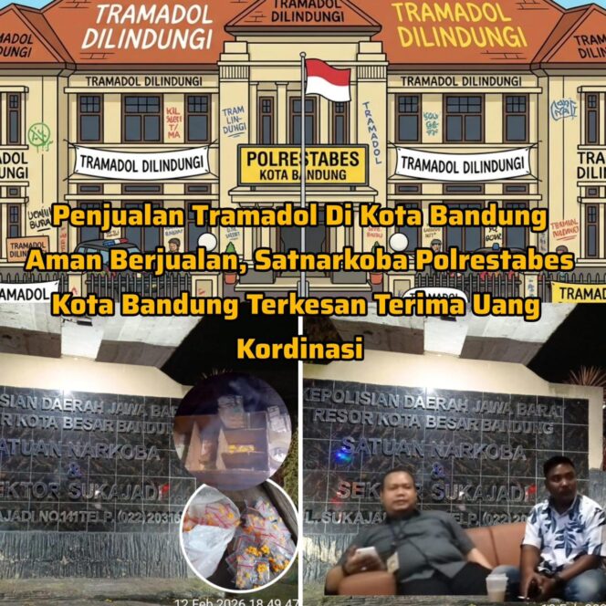 
Foto Ist: Ilustrasi gedung Polrestabes Kota Bandung dengan narasi dugaan peredaran Tramadol ilegal di Kota Bandung. Kolase menampilkan papan Satnarkoba serta barang bukti obat keras yang diduga diperjualbelikan tanpa resep. (Foto/Ilustrasi: Dok. Redaksi)