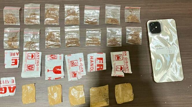 
Foto Ist: Barang bukti 14 paket diduga tembakau sintetis yang dikemas dalam plastik klip, sejumlah kemasan pembungkus, serta satu unit telepon genggam yang diamankan Satres Narkoba Polres Garut dari tangan tersangka di wilayah Garut Kota.