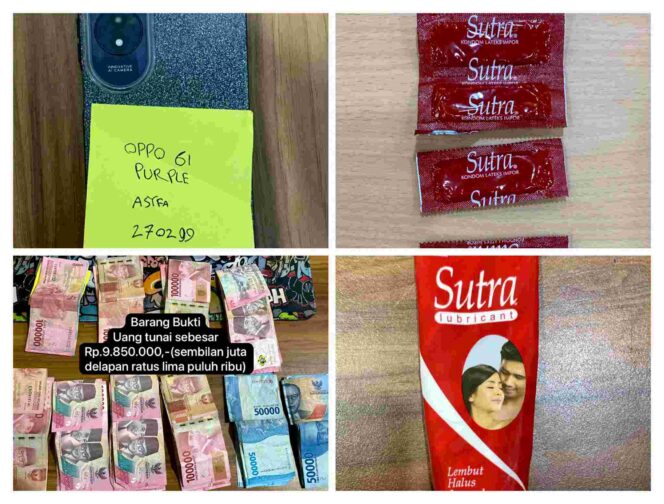
Foto Ist: Sejumlah barang bukti yang diamankan Subdit IV Renakta Ditreskrimum Polda Banten dalam pengungkapan dugaan TPPO di Kecamatan Kramatwatu, Kabupaten Serang. Barang bukti tersebut meliputi satu unit handphone, uang tunai sebesar Rp9.850.000, beberapa kotak alat kontrasepsi, serta satu gel pelumas yang diduga berkaitan dengan praktik yang tengah diselidiki.