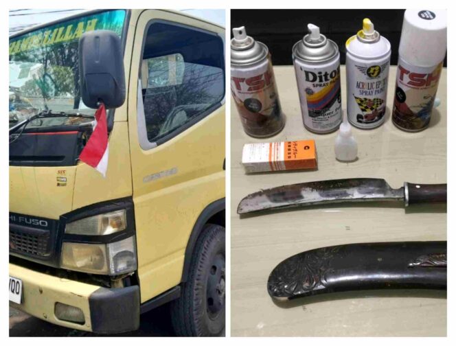 
Foto Ist: Satu unit Mitsubishi Colt Diesel yang menjadi barang bukti kasus pencurian kendaraan bermotor di wilayah Benda, Kota Tangerang dan Barang bukti yang diamankan polisi berupa enam kaleng pilox untuk mengubah warna kendaraan, pelat nomor palsu dan asli, lem perekat, serta sebilah golok yang diduga digunakan pelaku saat beraksi.